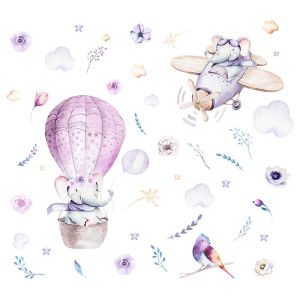 Wallsticker -  Elephants on Plane and Air Balloon