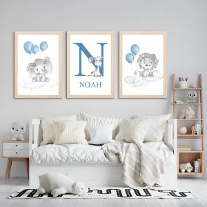  Poster -  Animal with Balloon / Blue /Set of  3 / Custom Text