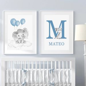  Poster -  Animal with Balloon / Blue /Set of 2 / Custom Text